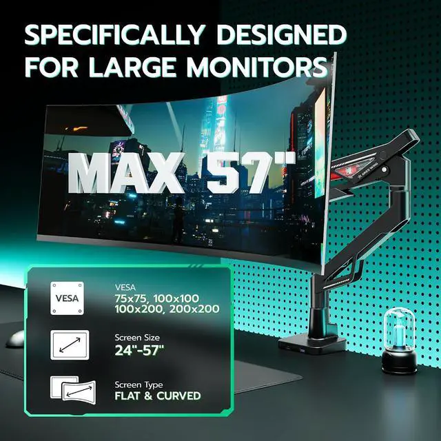 Alt view image 4 of 7 - Gas Spring Ultrawide Monitor Arm 57" 66Lbs USB VESA Dual Base Height Adjustable & Extendable, Built-in USB Port, Standard VESA, Clamp & Grommet Base, Fits Ultrawide Monitor