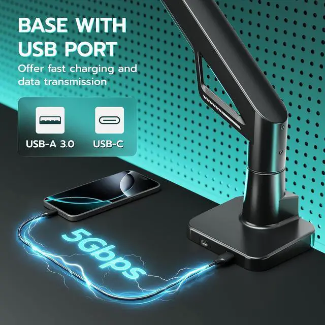 Alt view image 6 of 7 - Gas Spring Ultrawide Monitor Arm 57" 66Lbs USB VESA Dual Base Height Adjustable & Extendable, Built-in USB Port, Standard VESA, Clamp & Grommet Base, Fits Ultrawide Monitor