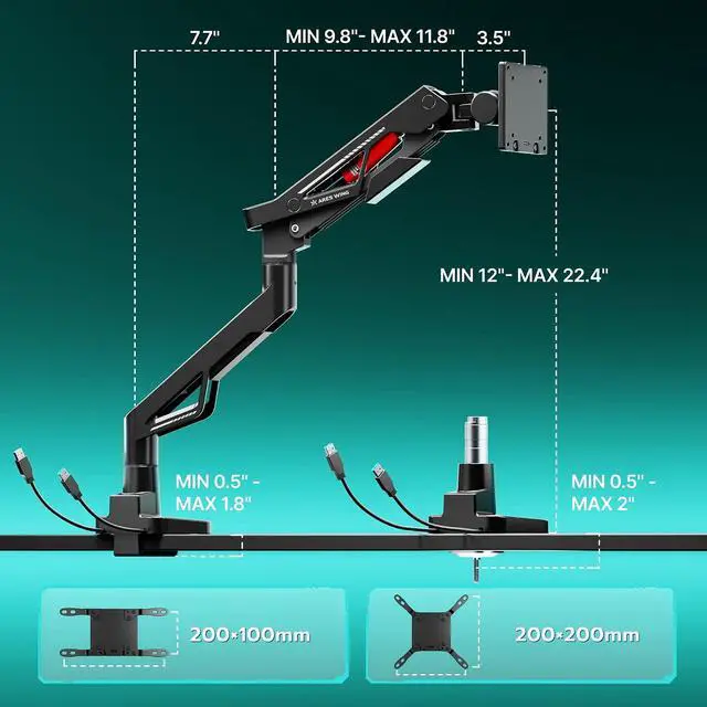 Alt view image 5 of 7 - Gas Spring Ultrawide Monitor Arm 57" 66Lbs USB VESA Dual Base Height Adjustable & Extendable, Built-in USB Port, Standard VESA, Clamp & Grommet Base, Fits Ultrawide Monitor
