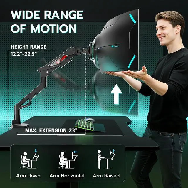 Alt view image 3 of 7 - Gas Spring Ultrawide Monitor Arm 57" 66Lbs USB VESA Dual Base Height Adjustable & Extendable, Built-in USB Port, Standard VESA, Clamp & Grommet Base, Fits Ultrawide Monitor