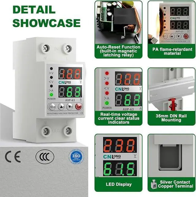 Alt view image 2 of 7 - Adjustable Voltage Current Protector 110V/120V & 220V/240V, Low Voltage Cutoff Smart Circuit Breaker AC Disconnect, 80-210V Undervoltage, 130-300V Overvoltage, 1-63A Overload Protection