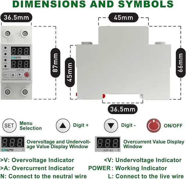 Alt view image 3 of 7 - Adjustable Voltage Current Protector 110V/120V & 220V/240V, Low Voltage Cutoff Smart Circuit Breaker AC Disconnect, 80-210V Undervoltage, 130-300V Overvoltage, 1-63A Overload Protection