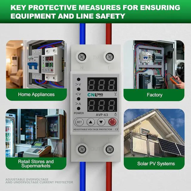 Alt view image 6 of 7 - Adjustable Voltage Current Protector 110V/120V & 220V/240V, Low Voltage Cutoff Smart Circuit Breaker AC Disconnect, 80-210V Undervoltage, 130-300V Overvoltage, 1-63A Overload Protection