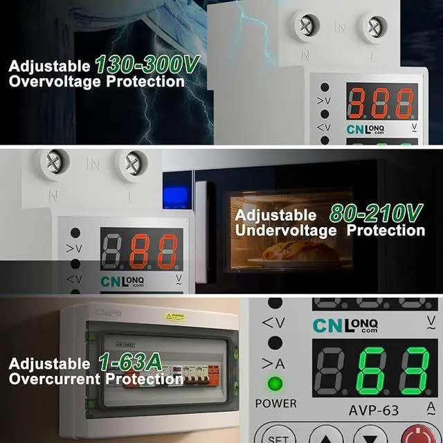 Alt view image 5 of 7 - Adjustable Voltage Current Protector 110V/120V & 220V/240V, Low Voltage Cutoff Smart Circuit Breaker AC Disconnect, 80-210V Undervoltage, 130-300V Overvoltage, 1-63A Overload Protection