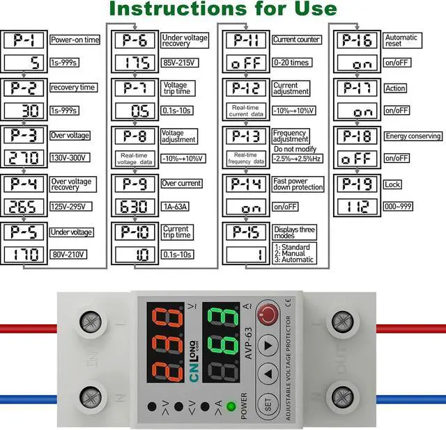 Alt view image 7 of 7 - Adjustable Voltage Current Protector 110V/120V & 220V/240V, Low Voltage Cutoff Smart Circuit Breaker AC Disconnect, 80-210V Undervoltage, 130-300V Overvoltage, 1-63A Overload Protection