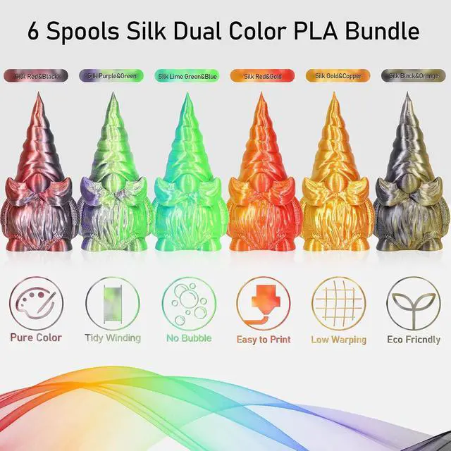 Alt view image 2 of 5 - 6 Spools Bicolor Dual Color 1.75mm 3D Printer Filament Bundle, 3D Printing Silk PLA, Silk Black-Purple/Purple-Gold/Black-White/Black-Orange/Red-Blue/Black-Red, 3D Printing PLA 250g X 6 Spools