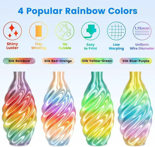 Alt view image 3 of 7 - 8 Spools Different Popular Colors 3D Printing Filament PLA Bundle, 1.75mm 4 Different Silk Rainbow PLA, 4 Different Glow in Dark PLA, Total 8 Spools Packed, 0.25kg/Spool, Total 2kg