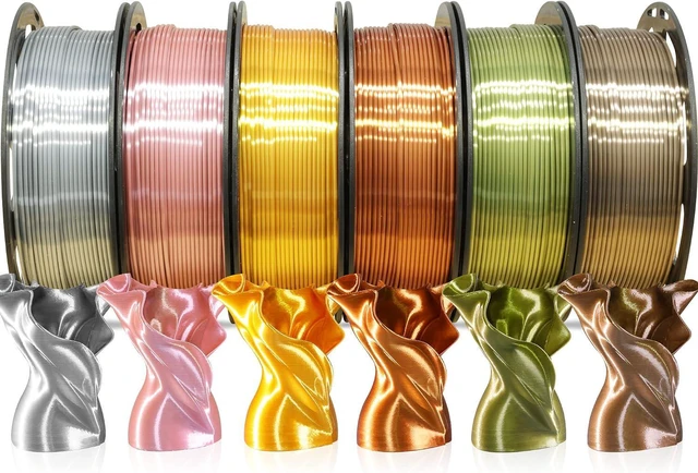 Main image of 6 Spools 1.75mm Silk PLA 3D Printer Filament Bundle, 6 Metallic Shiny Colors: Gold/Silver/Copper/Bronze/Coffee Gold/Rosegold, Each Spool 250g X 6 Spools, Total 1.5Kg 3D Printer Material