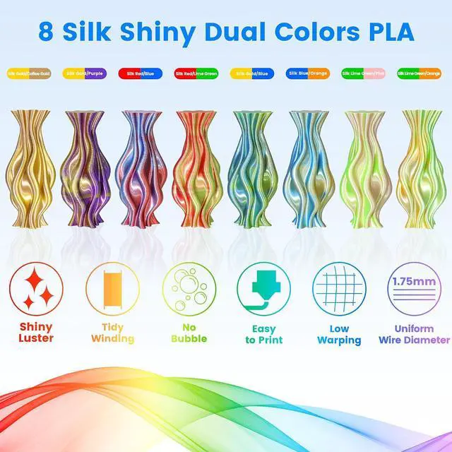 Alt view image 6 of 7 - 3D Printing Dual Color in 1 Silk PLA Filament 8 Spools Bundle, 1.75mm Dual Color Shiny Coextrusion PLA Filament, 8 Most Popular Dual Color in 1 PLA Mixed, 0.25kg/Spool, Total 2kg
