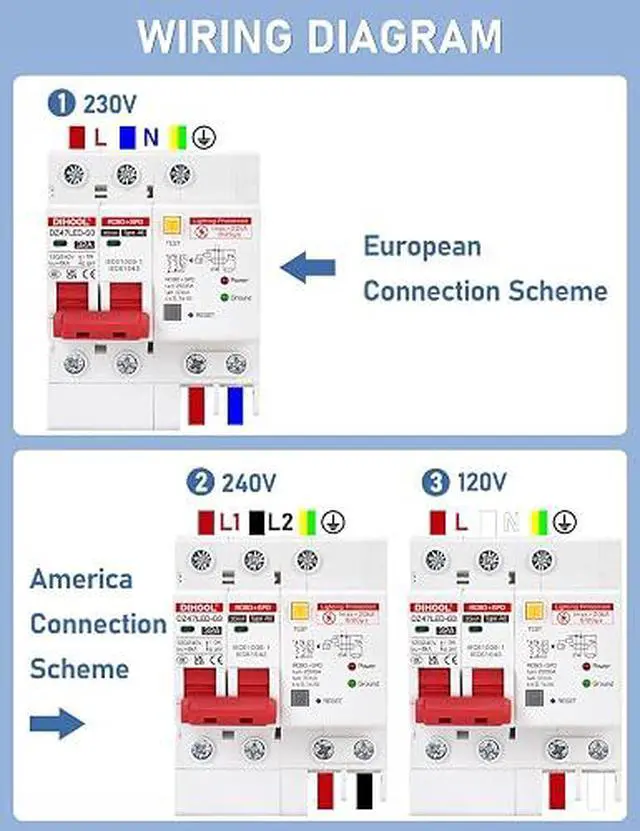 Alt view image 7 of 7 - Ground Fault Circuit Breaker with Voltage Surge Arrester Protection, 32Amp, 2 Poles, AC 120V-240V, DIN Rail Mount Residual Current Circuit Breaker