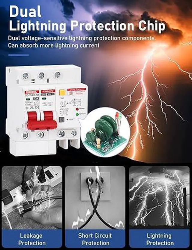Alt view image 5 of 7 - Ground Fault Circuit Breaker with Voltage Surge Arrester Protection, 32Amp, 2 Poles, AC 120V-240V, DIN Rail Mount Residual Current Circuit Breaker