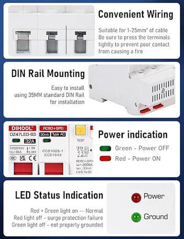 Alt view image 4 of 7 - Ground Fault Circuit Breaker with Voltage Surge Arrester Protection, 32Amp, 2 Poles, AC 120V-240V, DIN Rail Mount Residual Current Circuit Breaker