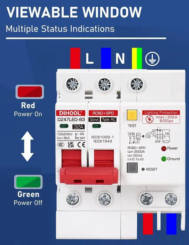 Alt view image 2 of 7 - Ground Fault Circuit Breaker with Voltage Surge Arrester Protection, 32Amp, 2 Poles, AC 120V-240V, DIN Rail Mount Residual Current Circuit Breaker