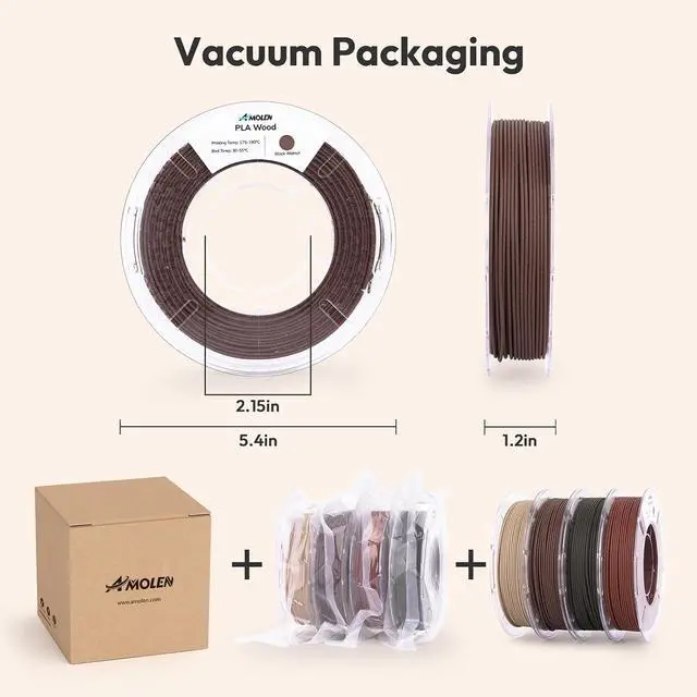 Alt view image 3 of 7 - Wood PLA Filament Bundle 3D Printer Filament Wood Sets,Dark Walnut/White Oak/Cherrywood/Green Sandalwood Natural Color 3D Printing Filament PLA Filament 1.75mm, 200g*4 Spools
