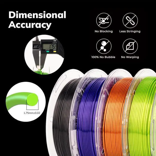 Alt view image 4 of 7 - PLA 3D Printer Filament Silk PLA Filament 1.75mm Silk Filament Pack Black/Red Copper/Purple/Neon Green 3D Printing Filament Bundle for Holiday 3D Printing, 200gX 4 Spools