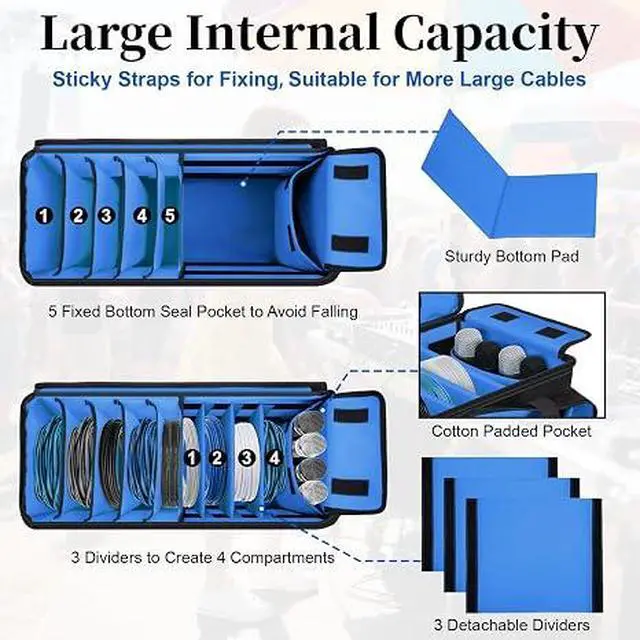 Alt view image 4 of 7 - Large Dj Cable Bag with Detachable Dividers, Bottom Pad
Dj Bag for Equipment and Accessories with Laptop and Microphone Pocket, Dj Gig Bag for Musician, Professional, Travel, Blue