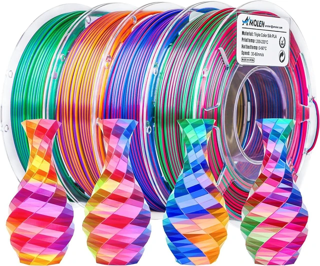Main image of 3D Printer Filament Bundle, Triple Colors Coextrusion Silk PLA Filament 1.75mm +/-0.02mm,Shiny Color Change 3D Printer Filament for Most FDM 3D Printer 200g X 4 Pack
