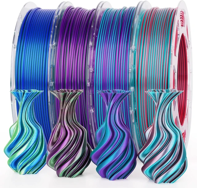 Main image of Silk PLA 3D Printer Filament Bundle, Shiny Dual Color PLA Filament 1.75mm Pack, PLA 3D Printing Filament, Blue Green Coral Dark Violet Purple 200g X 4 Spools
