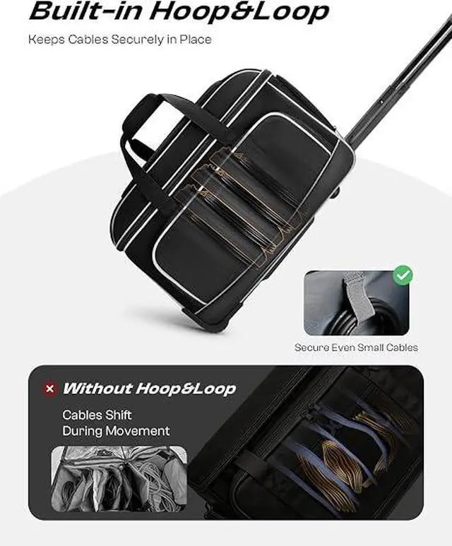 Alt view image 3 of 7 - Large Rolling DJ Cable Bag with Wheels, Reinforced Padded Gig Bag with 8 Detachable Divider, Multi-Pocket for 17" Laptop, Microphone, Cord, Headset & Music Accessories