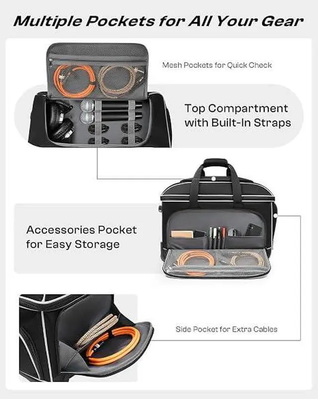 Alt view image 2 of 7 - Large Rolling DJ Cable Bag with Wheels, Reinforced Padded Gig Bag with 8 Detachable Divider, Multi-Pocket for 17" Laptop, Microphone, Cord, Headset & Music Accessories