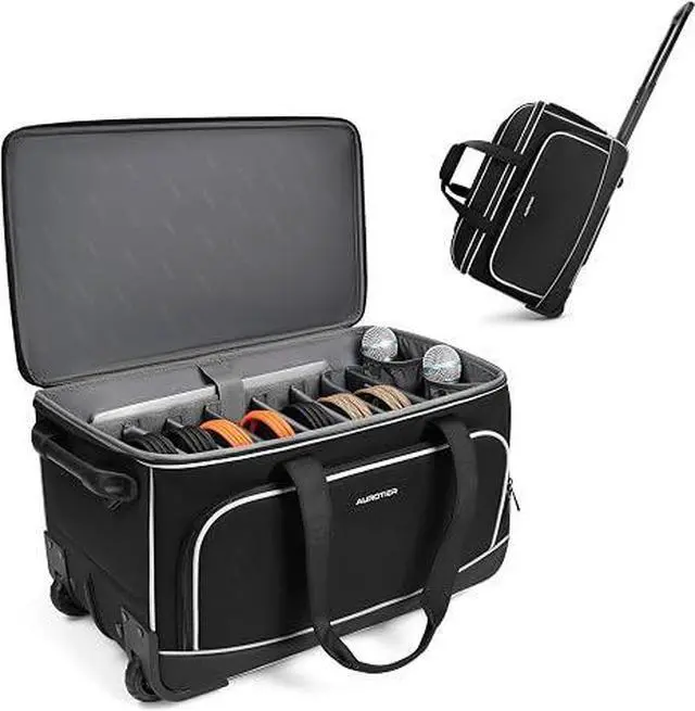 Main image of Large Rolling DJ Cable Bag with Wheels, Reinforced Padded Gig Bag with 8 Detachable Divider, Multi-Pocket for 17" Laptop, Microphone, Cord, Headset & Music Accessories