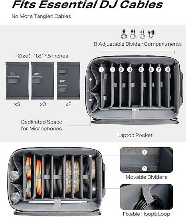 Alt view image 5 of 7 - Large Rolling DJ Cable Bag with Wheels, Reinforced Padded Gig Bag with 8 Detachable Divider, Multi-Pocket for 17" Laptop, Microphone, Cord, Headset & Music Accessories
