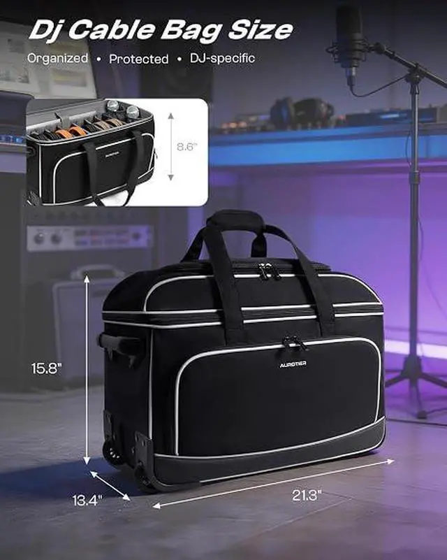 Alt view image 4 of 7 - Large Rolling DJ Cable Bag with Wheels, Reinforced Padded Gig Bag with 8 Detachable Divider, Multi-Pocket for 17" Laptop, Microphone, Cord, Headset & Music Accessories