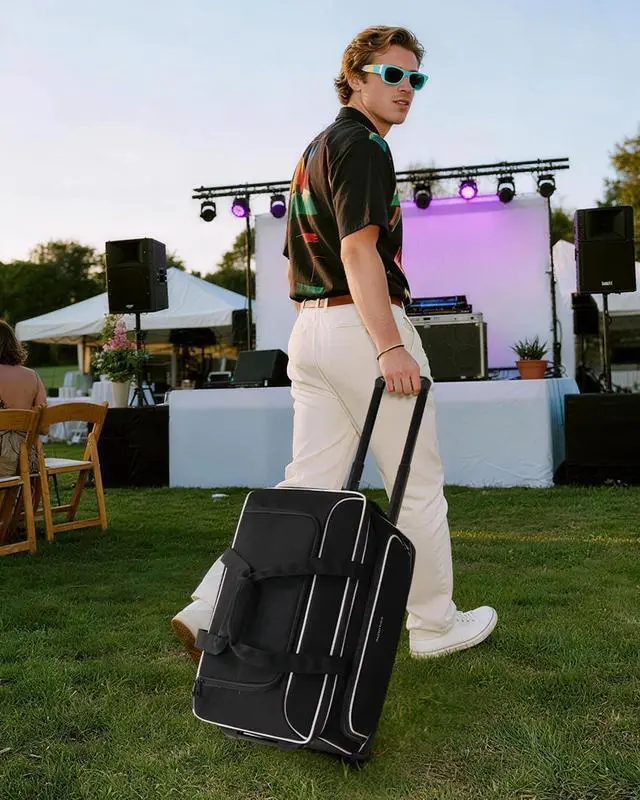 Alt view image 6 of 7 - Large Rolling DJ Cable Bag with Wheels, Reinforced Padded Gig Bag with 8 Detachable Divider, Multi-Pocket for 17" Laptop, Microphone, Cord, Headset & Music Accessories