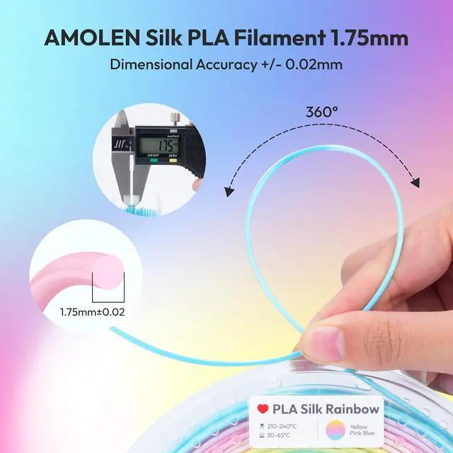 Alt view image 5 of 7 - Silk Rainbow PLA Filament 1.75mm, Shiny Multicolor Gradient Color Change, 4-Pack 800g (4×200g) Assorted Colors, Dimensional Accuracy ±0.02mm, NO-Tangle & Low Warping, Fits Most FDM 3D Printers