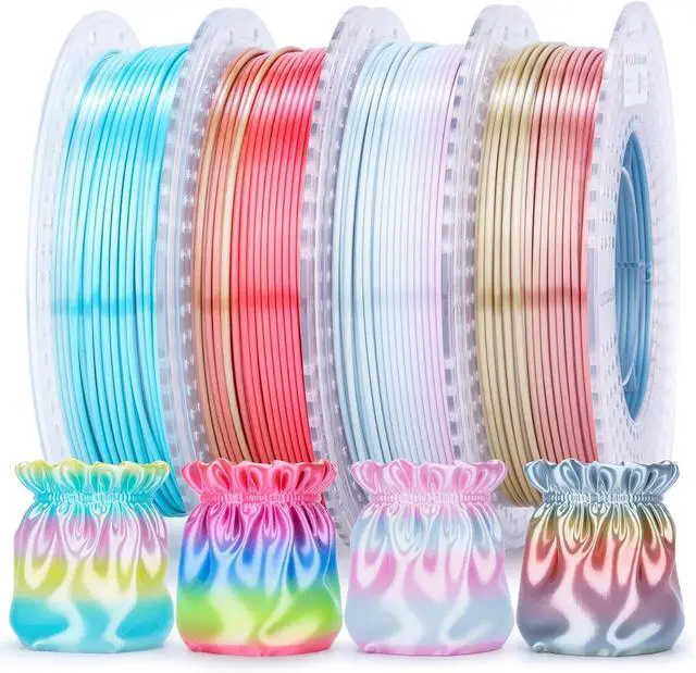 Main image of Silk Rainbow PLA Filament 1.75mm, Shiny Multicolor Gradient Color Change, 4-Pack 800g (4×200g) Assorted Colors, Dimensional Accuracy ±0.02mm, NO-Tangle & Low Warping, Fits Most FDM 3D Printers