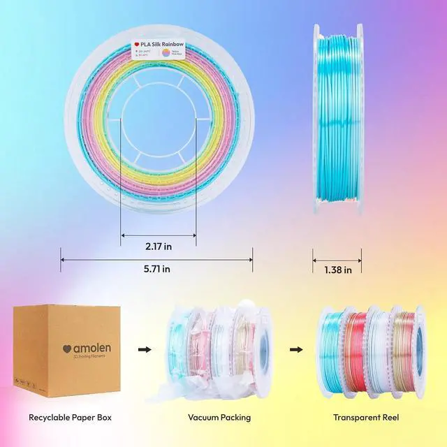 Alt view image 7 of 7 - Silk Rainbow PLA Filament 1.75mm, Shiny Multicolor Gradient Color Change, 4-Pack 800g (4×200g) Assorted Colors, Dimensional Accuracy ±0.02mm, NO-Tangle & Low Warping, Fits Most FDM 3D Printers