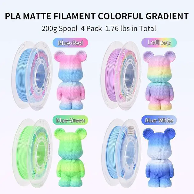Alt view image 4 of 7 - Matte Rainbow PLA Filament Multicolour 3D Printer Filament Bundle Fast Color Change Matte Muticolor Filament, 1.75mm +/- 0.02mm 200gX 4 Spools (1.76 lbs)