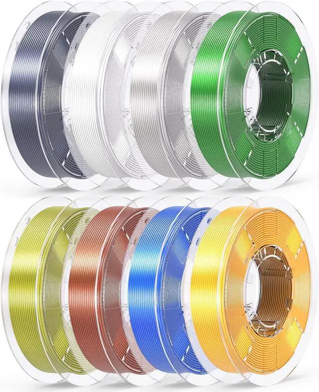 Main image of 250gx8 Silk PLA Filament Bundle 1.75mm 3D Printer Filaments, 8 Colors 250g Spool, Black/White/Silver/Green Bronze/Gemstone Blue/Christmas Green/Red Bronze/Yellow