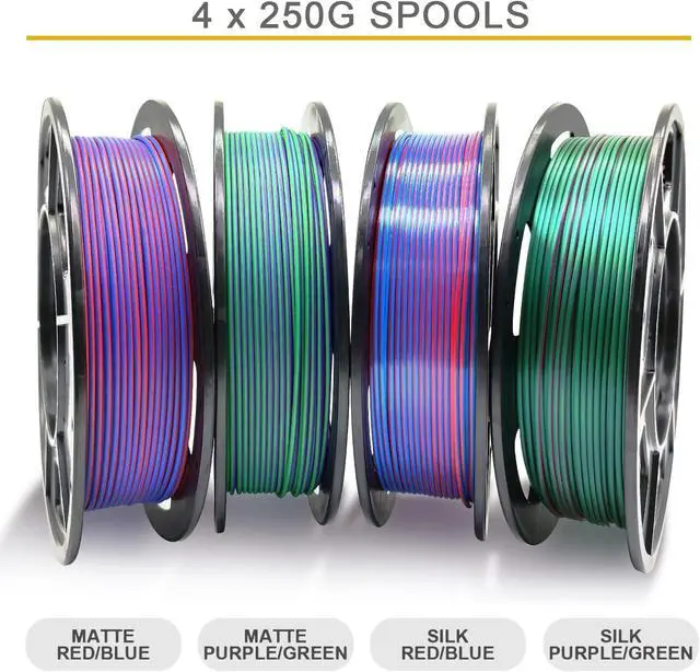 Alt view image 2 of 7 - 4X 250g Color Pack, Dual Color Filament Coextrusion PLA Filament 1.75mm for 3D Printer, 4 x 250g Spools Matte Red/Blue, Matte Purple/Green, Silk Red/Blue, Silk Purple/Green