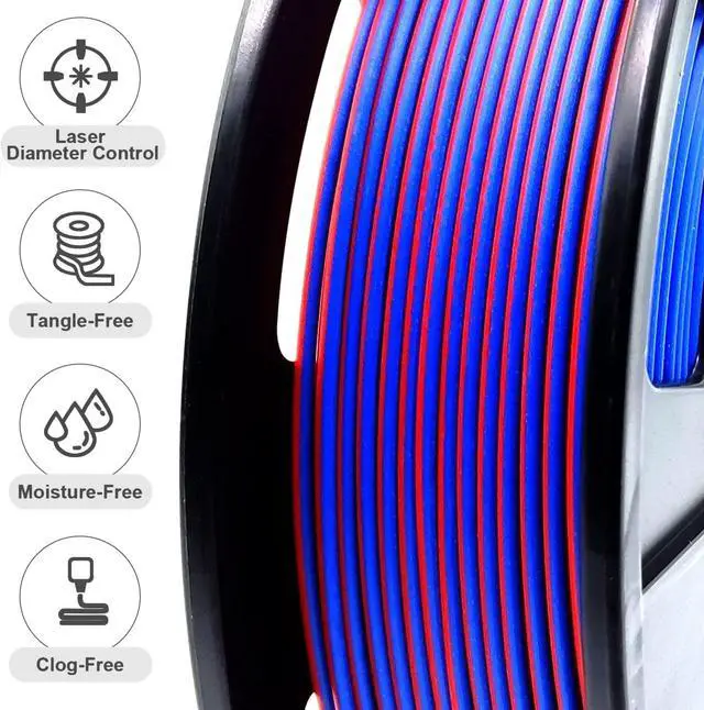 Alt view image 7 of 7 - 4X 250g Color Pack, Dual Color Filament Coextrusion PLA Filament 1.75mm for 3D Printer, 4 x 250g Spools Matte Red/Blue, Matte Purple/Green, Silk Red/Blue, Silk Purple/Green