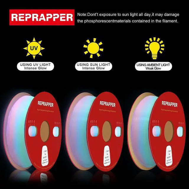 Alt view image 4 of 7 - Glow in the Dark White to Rainbow PLA Filament 1.75mm (+- 0.03mm) 2.2lb (1kg) for 3D Printer, White Material with Rainbow Multicolor Glow Effect