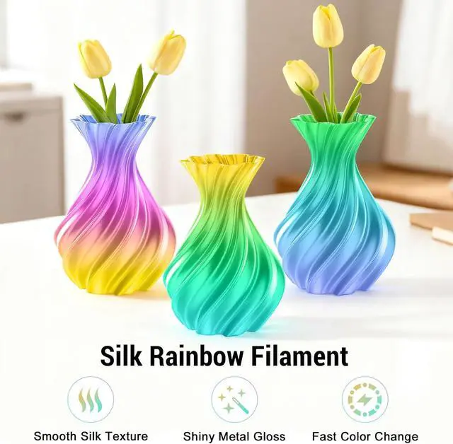 Alt view image 3 of 7 - Silk Rainbow PLA 3D Printer Filament for Beginners, 1.75mm/±0.02mm 1Kg Shiny Gradient Rainbow, Compatible with FLASHFORGE, Bambu, Creality, Vacuum-Seale Neatly Wound for DIY