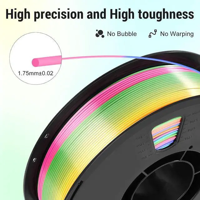 Alt view image 6 of 7 - Silk Rainbow PLA 3D Printer Filament for Beginners, 1.75mm/±0.02mm 1Kg Shiny Gradient Rainbow, Compatible with FLASHFORGE, Bambu, Creality, Vacuum-Seale Neatly Wound for DIY