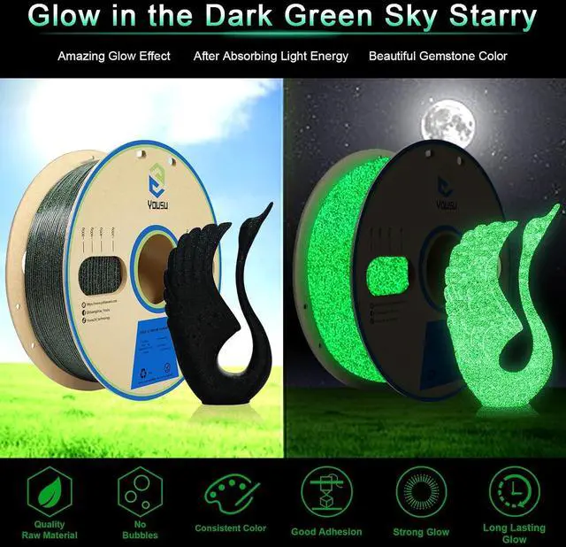 Alt view image 3 of 7 - 3D Printer Filament PLA Filament 1.75mm Black Filament with Glow in The Dark Green Starry Sky 1kg(2.2lbs).
