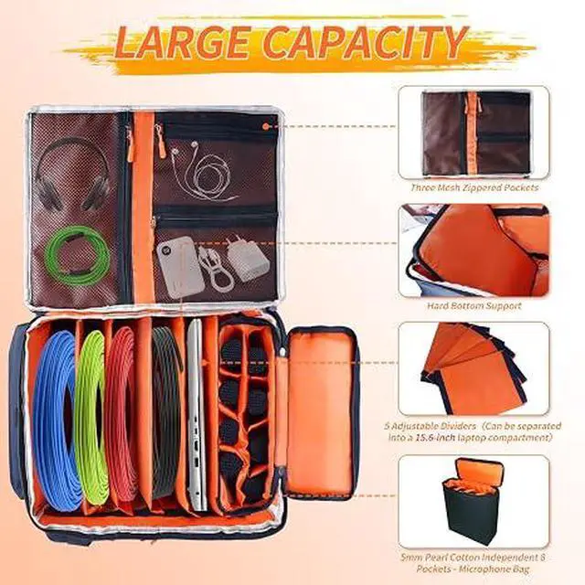Alt view image 7 of 7 - Rolling DJ Cable Bag ith Detachable Dividers, Bottom Pad | Travel DJ Gear Organizer with 5 Cable Slots & Microphone Bag, Laptop and Microphone Pocket for Musician, Professional, Travel