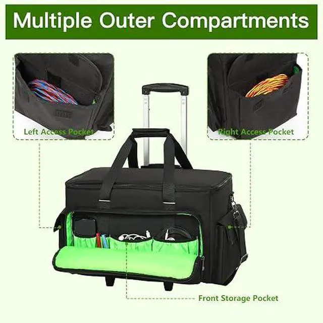 Alt view image 5 of 7 - Large Rolling DJ Cable Bag, Green Padded Gig Bag with Detachable Trolley & Divider, 600D Oxford Music Gear Case with Multi Pockets for 15.6" Laptop, DJ Cables, Microphones, Sound Equipment Storage