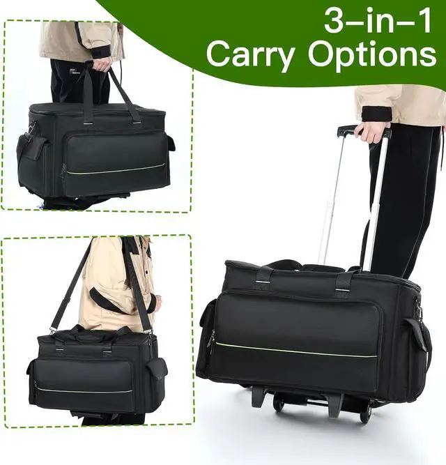 Alt view image 3 of 7 - Large Rolling DJ Cable Bag, Green Padded Gig Bag with Detachable Trolley & Divider, 600D Oxford Music Gear Case with Multi Pockets for 15.6" Laptop, DJ Cables, Microphones, Sound Equipment Storage