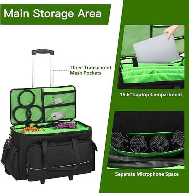 Alt view image 2 of 7 - Large Rolling DJ Cable Bag, Green Padded Gig Bag with Detachable Trolley & Divider, 600D Oxford Music Gear Case with Multi Pockets for 15.6" Laptop, DJ Cables, Microphones, Sound Equipment Storage