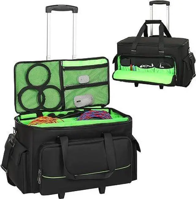 Main image of Large Rolling DJ Cable Bag, Green Padded Gig Bag with Detachable Trolley & Divider, 600D Oxford Music Gear Case with Multi Pockets for 15.6" Laptop, DJ Cables, Microphones, Sound Equipment Storage