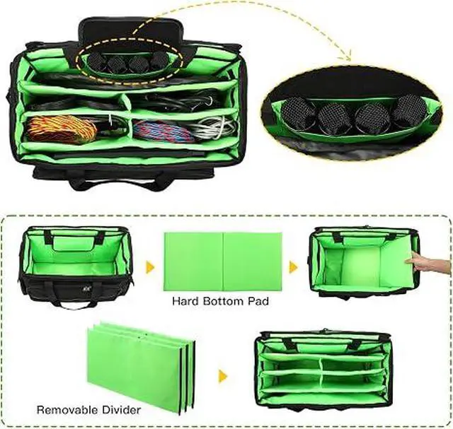 Alt view image 7 of 7 - Large Rolling DJ Cable Bag, Green Padded Gig Bag with Detachable Trolley & Divider, 600D Oxford Music Gear Case with Multi Pockets for 15.6" Laptop, DJ Cables, Microphones, Sound Equipment Storage