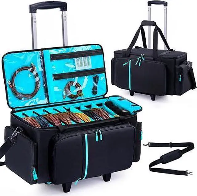 Main image of Rolling DJ Cable Bag with Wheels-Large DJ Equipment Bag with 5 Cable Slots & 3 Removable Dividers, DJ Gig Bag with Laptop Compartment, Microphone Pockets, Travel DJ Gear Organizer for Mixer, Musicians