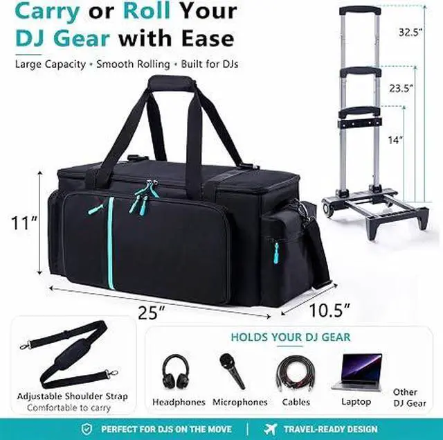 Alt view image 6 of 7 - Rolling DJ Cable Bag with Wheels-Large DJ Equipment Bag with 5 Cable Slots & 3 Removable Dividers, DJ Gig Bag with Laptop Compartment, Microphone Pockets, Travel DJ Gear Organizer for Mixer, Musicians