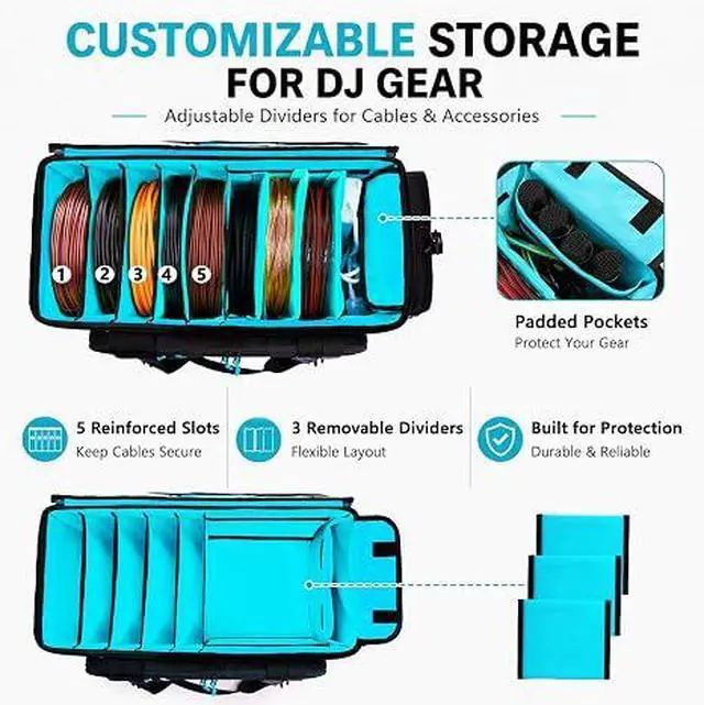 Alt view image 4 of 7 - Rolling DJ Cable Bag with Wheels-Large DJ Equipment Bag with 5 Cable Slots & 3 Removable Dividers, DJ Gig Bag with Laptop Compartment, Microphone Pockets, Travel DJ Gear Organizer for Mixer, Musicians