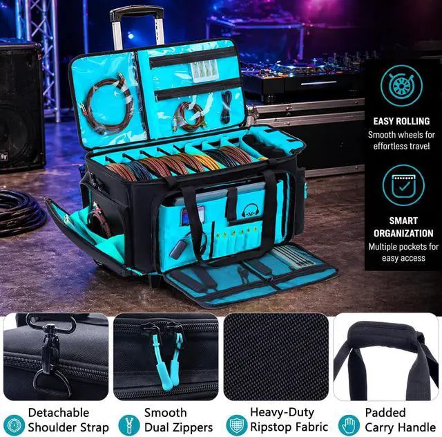 Alt view image 3 of 7 - Rolling DJ Cable Bag with Wheels-Large DJ Equipment Bag with 5 Cable Slots & 3 Removable Dividers, DJ Gig Bag with Laptop Compartment, Microphone Pockets, Travel DJ Gear Organizer for Mixer, Musicians