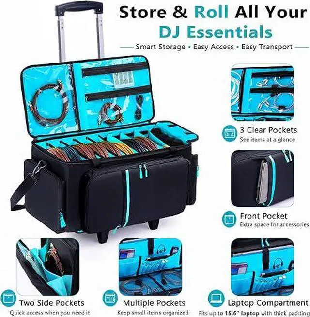 Alt view image 5 of 7 - Rolling DJ Cable Bag with Wheels-Large DJ Equipment Bag with 5 Cable Slots & 3 Removable Dividers, DJ Gig Bag with Laptop Compartment, Microphone Pockets, Travel DJ Gear Organizer for Mixer, Musicians